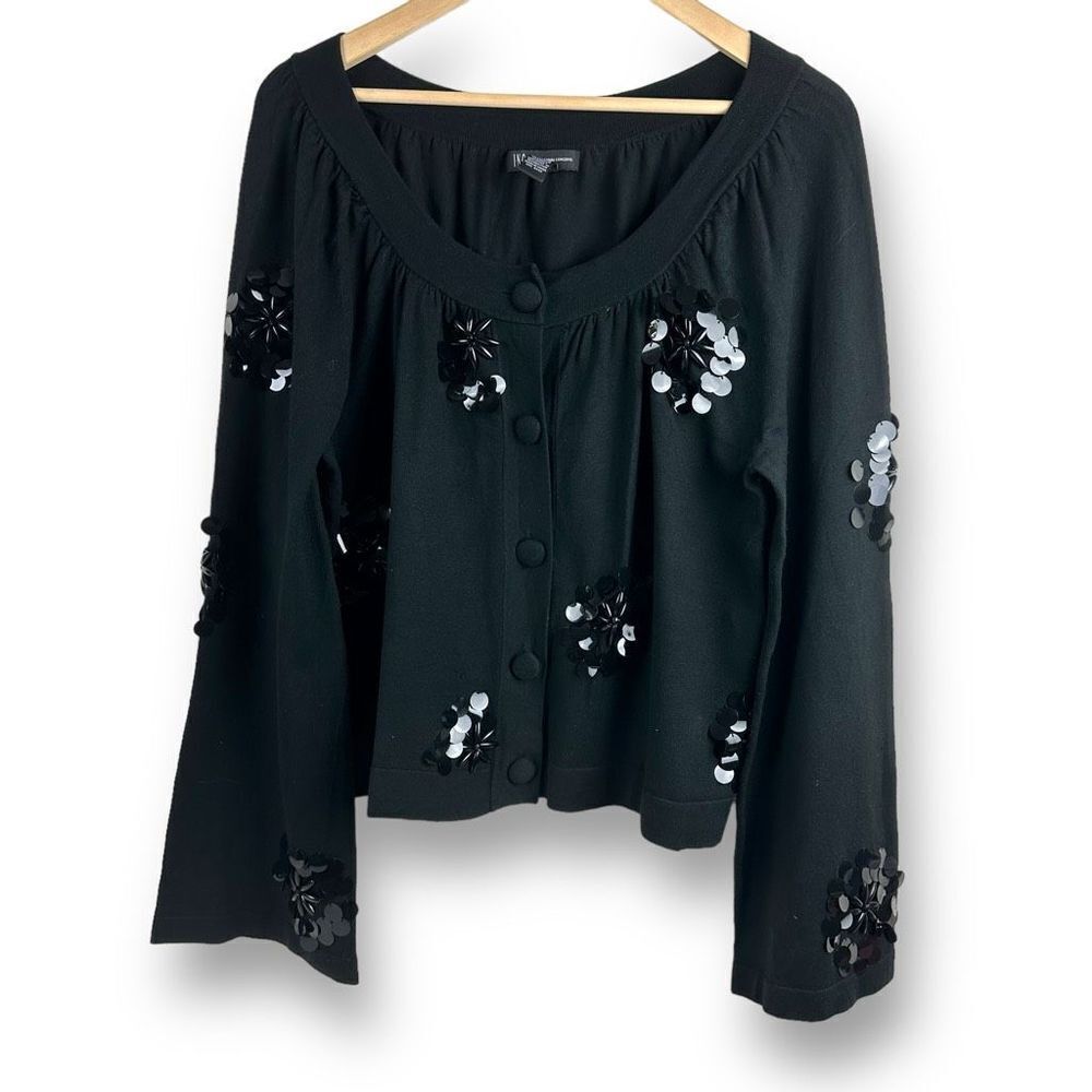 INC Women's XL Button Front Long Flare Sleeve Blouse Black Sequin Maximalist